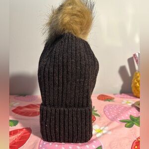 Brown Knit Beanie with Faux Fur Pom